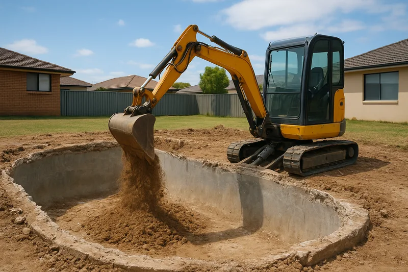 A small yellow excavator tipping sandy fill into an in-ground concrete pool shell with its wall still showing — pool fill-in, Adelaide. Illustrative example.