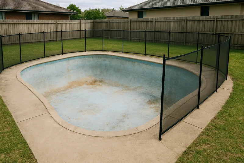 A drained in-ground concrete pool with a stained pale-blue floor and a black mesh pool fence standing around it — pool removal, Adelaide. Illustrative example.