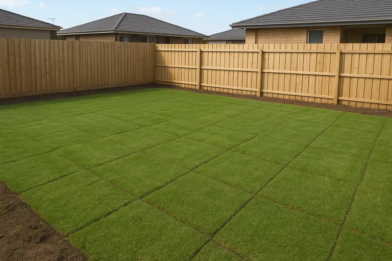 A level backyard with fresh turf laid across it, the seams between the rolls still visible — pool removal options, Adelaide. Illustrative example.