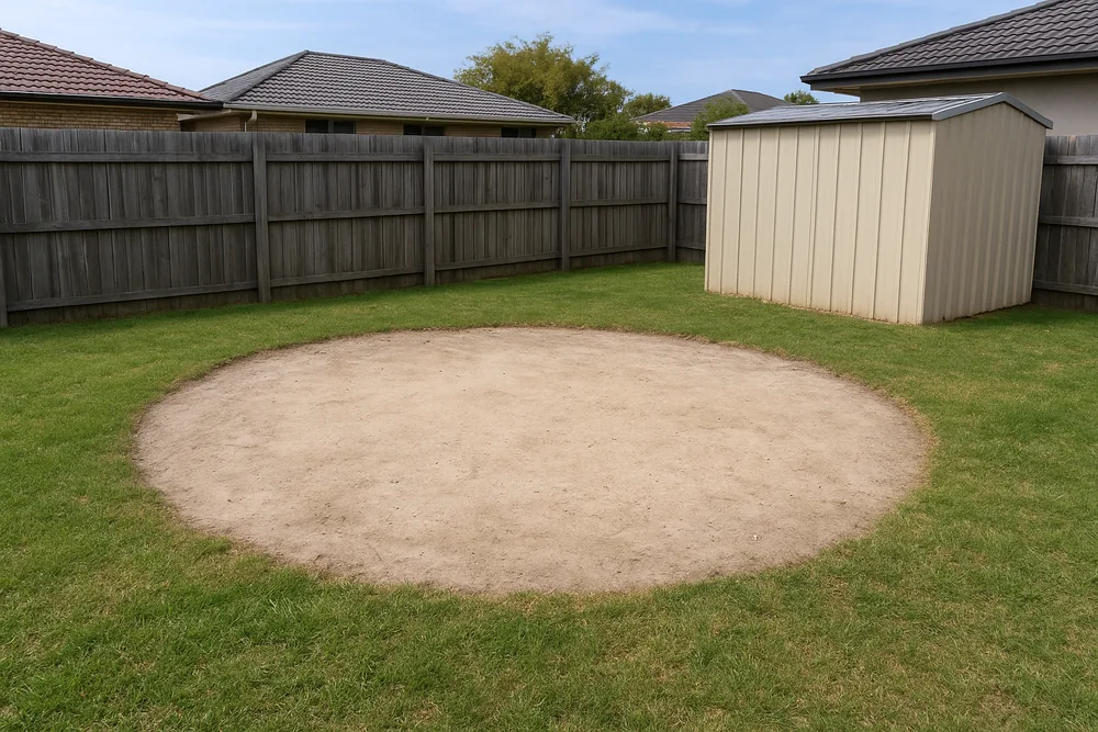 A flattened bare circle of pale ground on a lawn, a timber fence and a shed behind it — above-ground pool removal, Adelaide. Illustrative example.