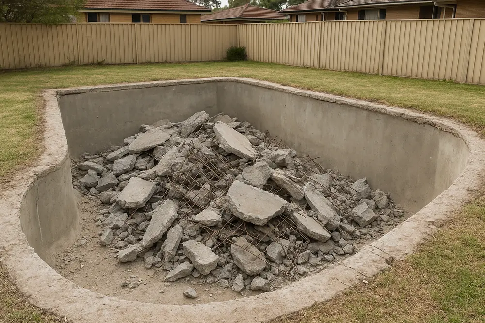 Broken concrete slabs and steel mesh piled in the bottom of an empty concrete pool shell — concrete pool removal, Adelaide. Illustrative example.