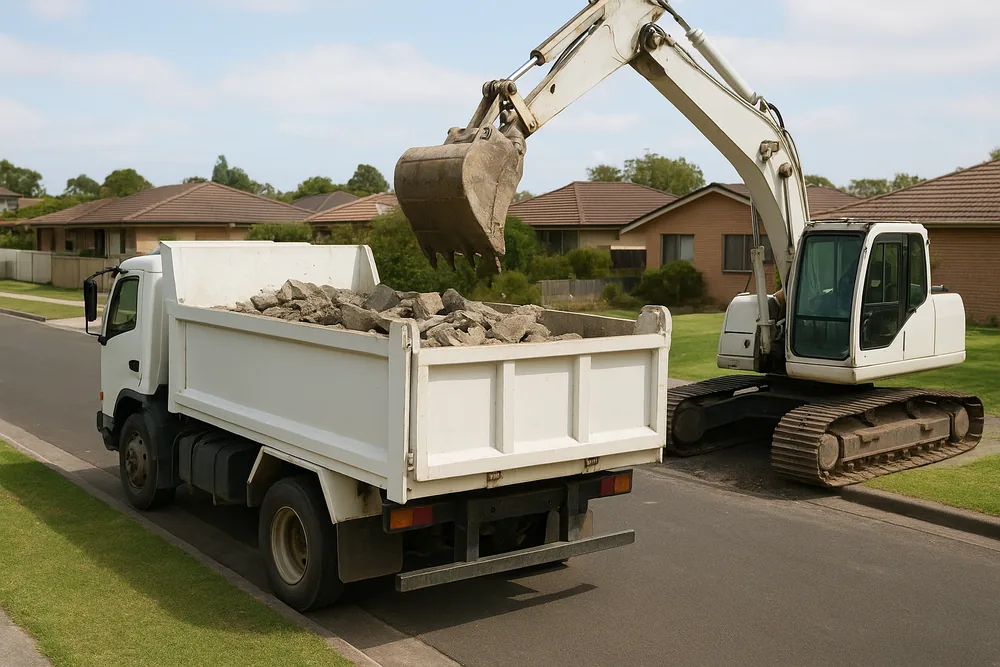 A white tipper truck being loaded with broken concrete by a white excavator at a residential kerb — concrete pool removal, Adelaide. Illustrative example.