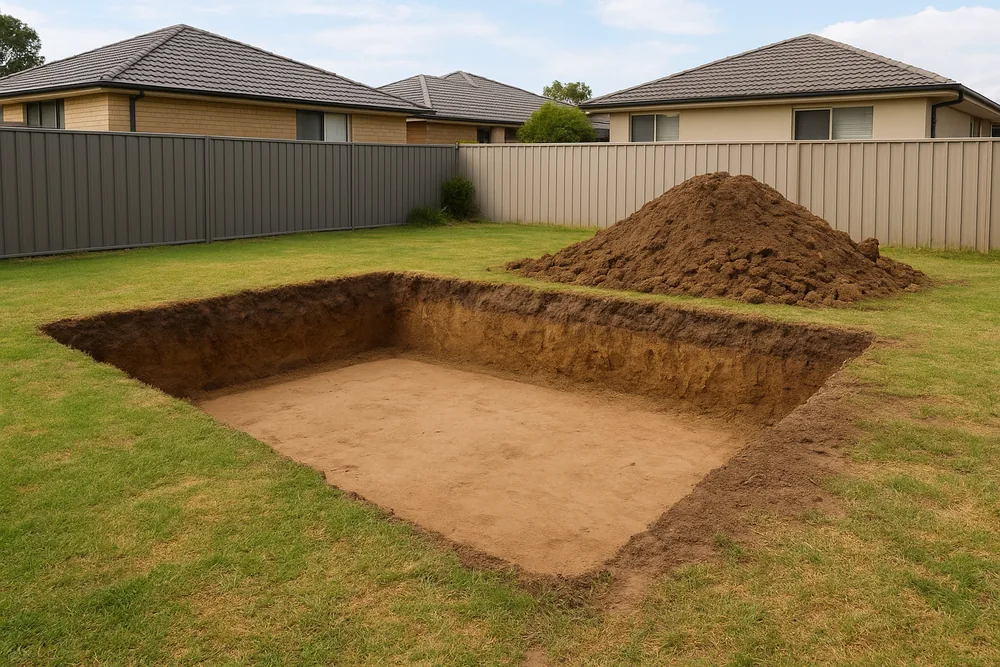 An empty rectangular excavation in a lawn with a flat sand bed and a heap of soil beside it — fibreglass pool removal, Adelaide. Illustrative example.