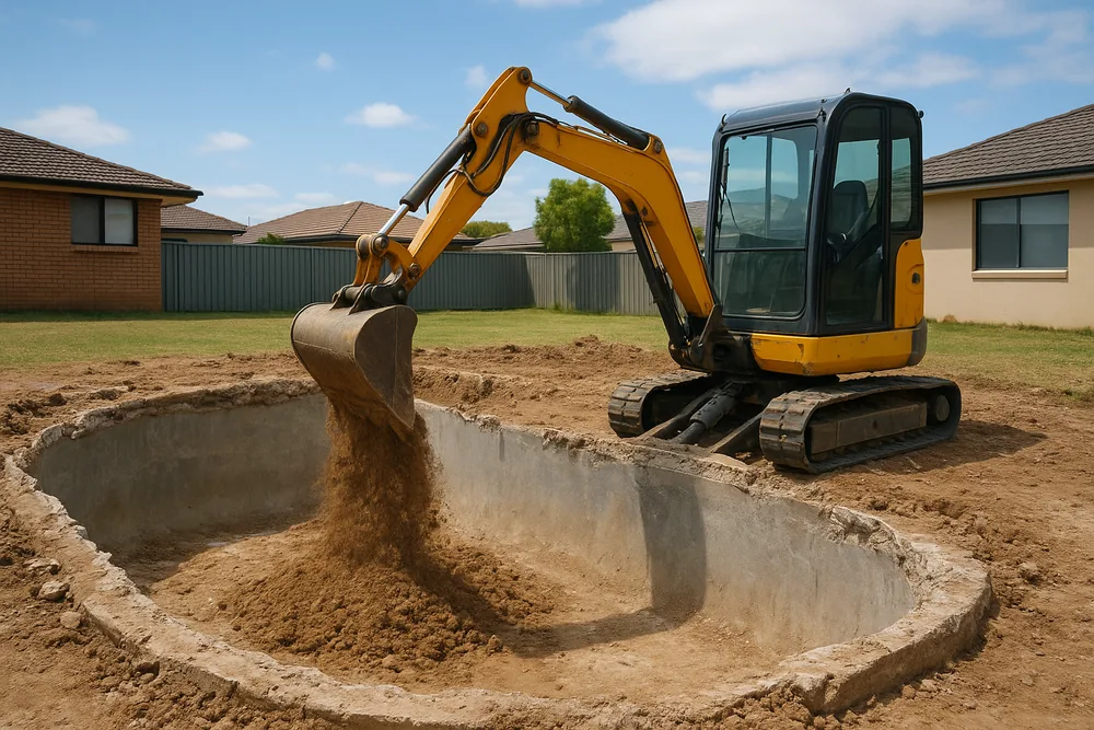 A small yellow excavator tipping sandy fill into an in-ground concrete pool shell with its wall still showing — pool fill-in, Adelaide. Illustrative example.