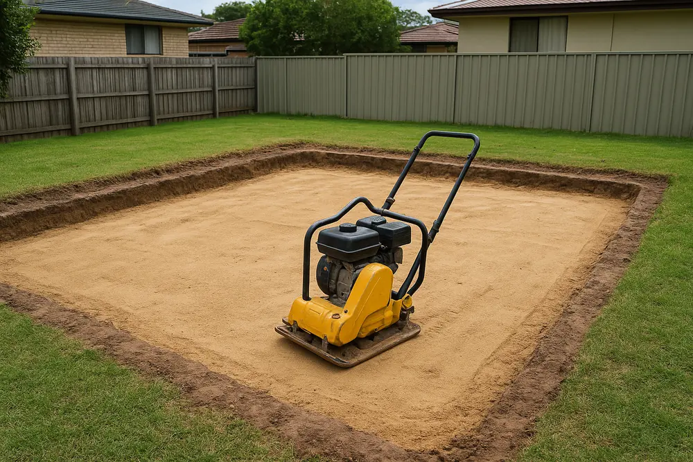 A plate compactor standing on a layer of sandy fill inside a rectangular excavation in a lawn — pool fill-in, Adelaide. Illustrative example.