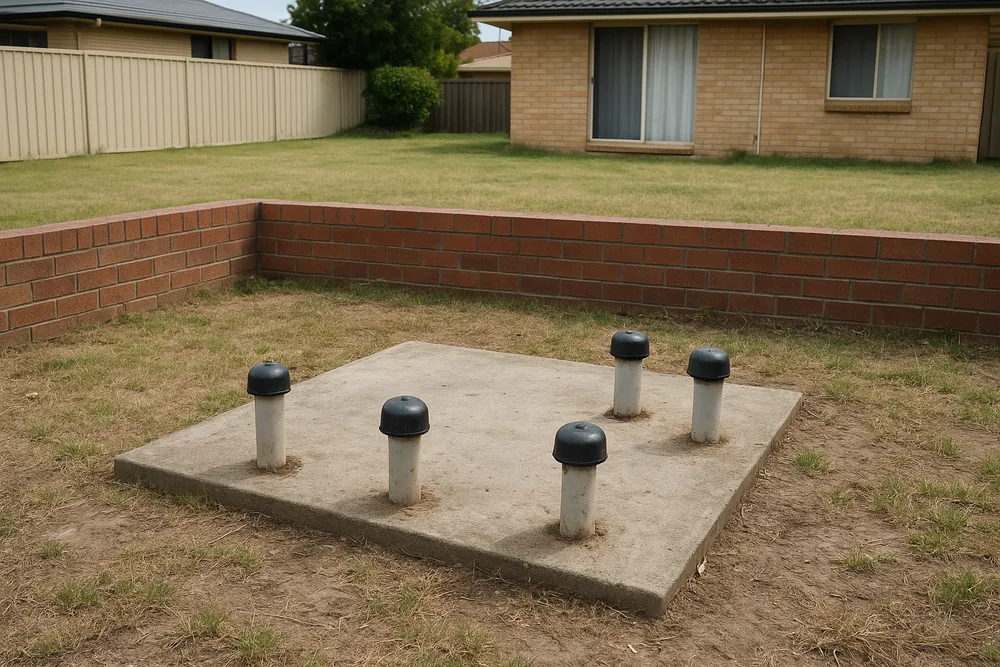 Five capped white pipes standing out of a concrete pad in a backyard, beside a low brick wall — pool removal, Adelaide. Illustrative example.