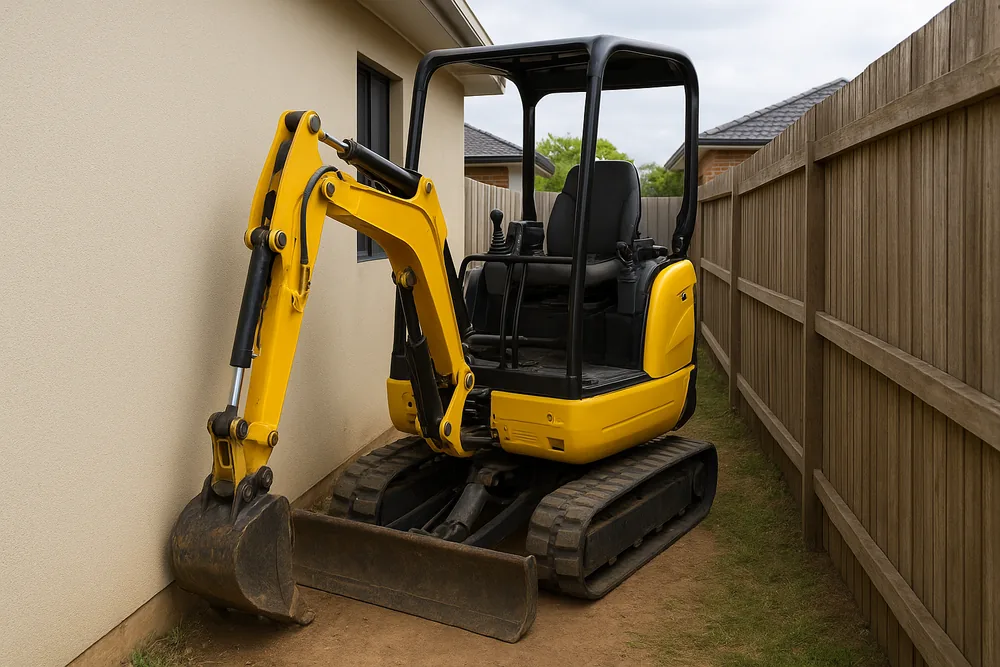 A yellow mini excavator with its arm folded down along a house wall in a narrow side path beside a timber fence — concrete pool removal, Adelaide. Illustrative example.