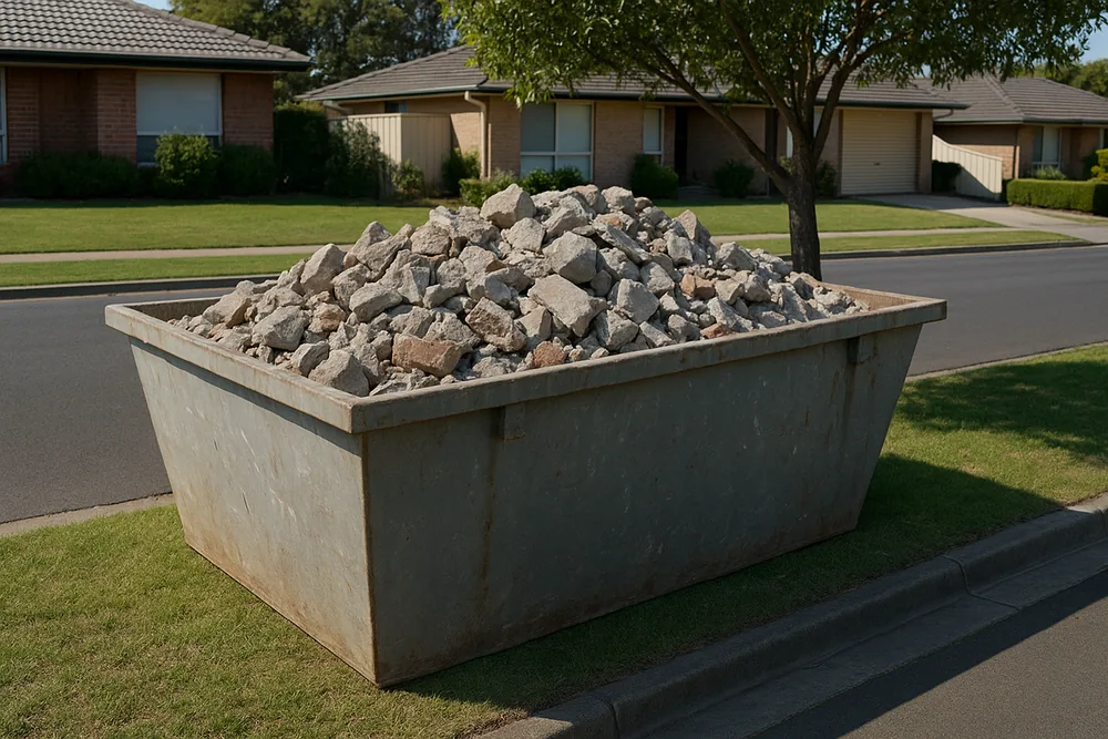 A skip bin heaped with broken concrete on a grass verge beside a kerb — pool removal, Adelaide. Illustrative example.
