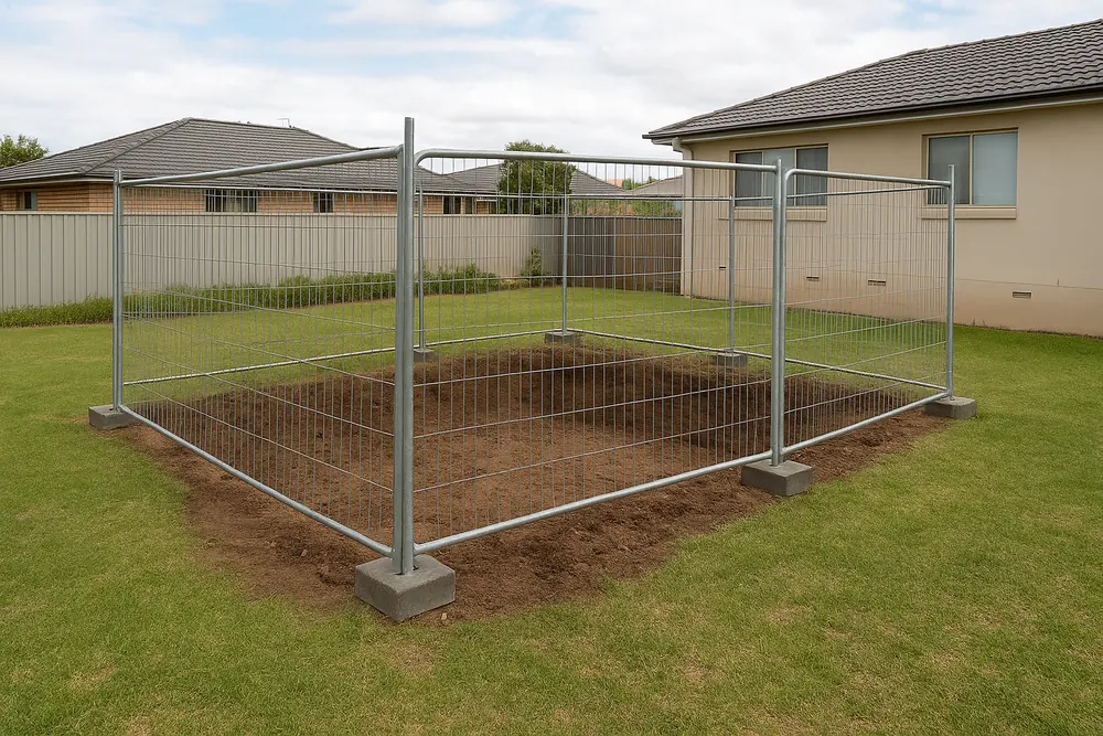 Temporary mesh fence panels on concrete feet around an open excavation of bare soil in a backyard — pool removal, Adelaide. Illustrative example.
